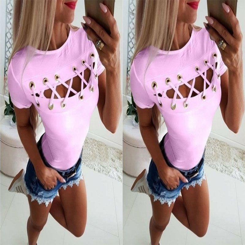 Elegant Sexy Ladies Women's Short Sleeve Cross Lace Up Bodycon Blouse Tops Slim T-shirt
