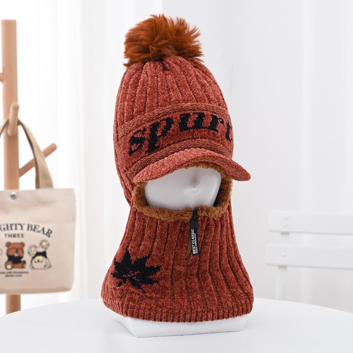 

New winter women s knitted Korean version velvet chenille pullover zipper duck tongue wool cycling scarf integrated hat Chenier scarf hat