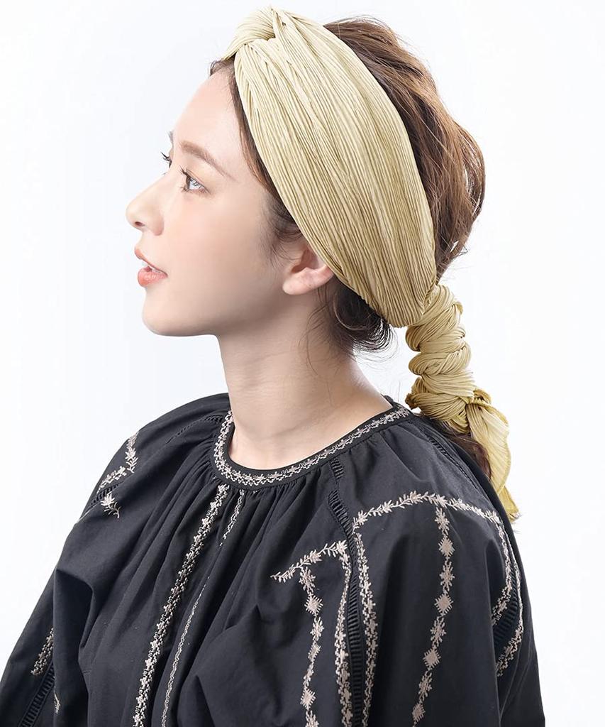 VINGTAINE Pleated Turban Hairband with Ribbon Perfect for Resort or Mature Beige Tie, Updos, HB-116-BE-