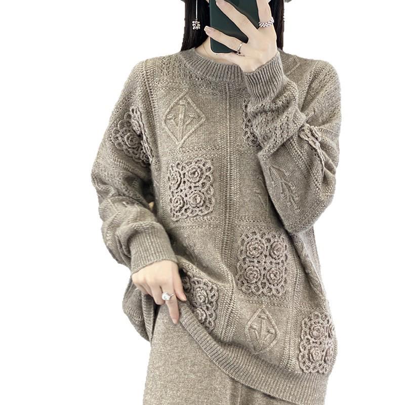 2025 Autumn/Winter Women's Loose Crochet Sweater, 100% Australian Wool, Low Round Neck, Trendy Korean Lazy Style