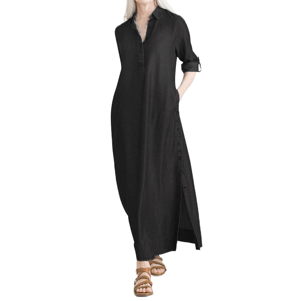 Dámské módní džínové šaty Dlouhá sukně s novým košilovým límcem na knoflíky z džínoviny