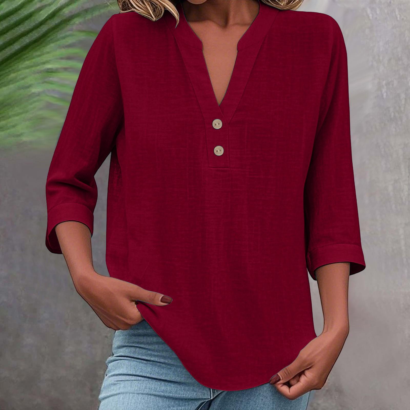 

Women s Fashion Solid Color Three-quarter Sleeve Stand Collar Casual Pullover Shirt M винний