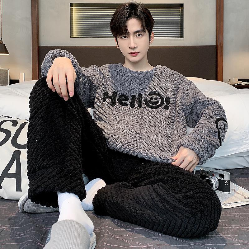 

Мужская осенне-зимняя пижама из кораллового флиса, теплая фланелевая домашняя одежда из плотного плюша, костюм большого размера 3XL (160-180 lbs)