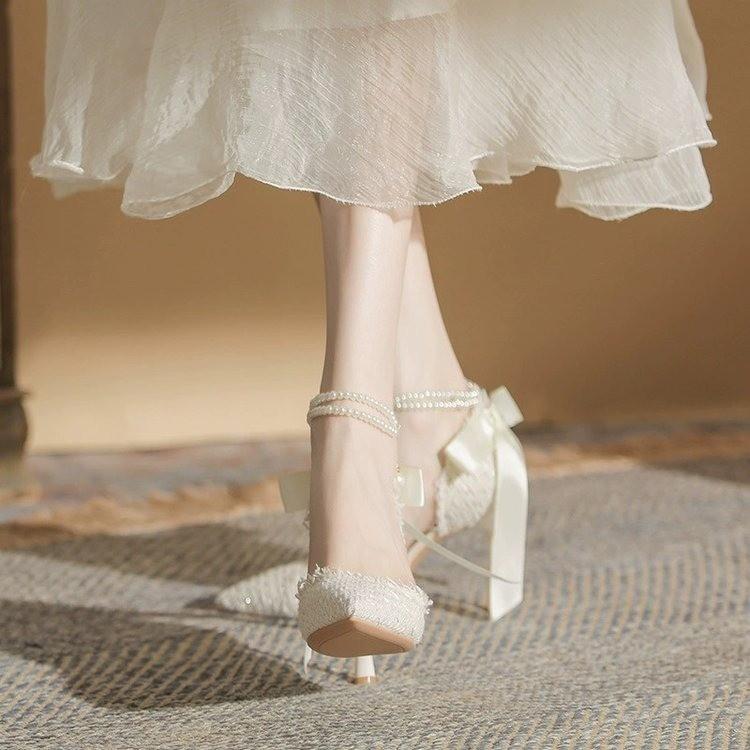 Spring and Summer Sandals Pointed Beaded Bow Hollow High Heel Single Shoes Women