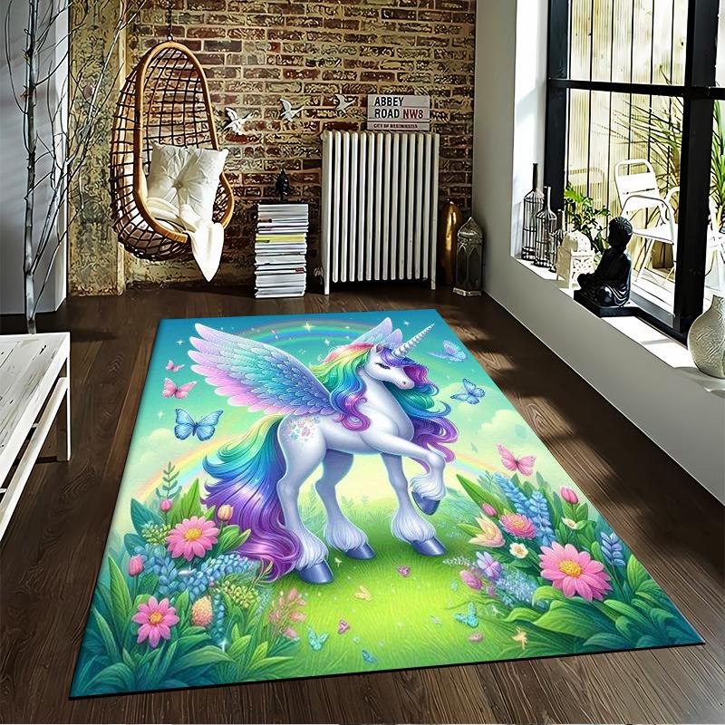 Unicorn Rainbow Wings Carpet with Butterflies and Floral Design Suitable for use as an anti-slip for living room bedroom sofas