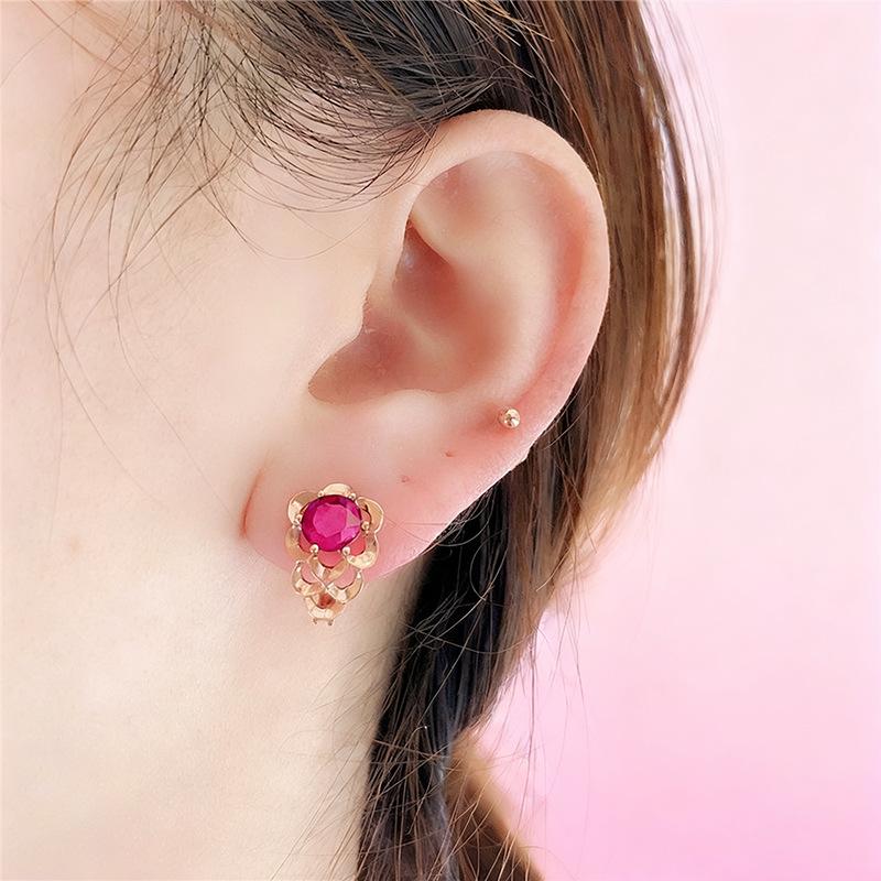 Exquisite Russian 585 Purple Gold Lace Earrings Fashionable And Noble Rose Gold-Plated Red Stone Foreign Gas Color Gold Ear Buckles