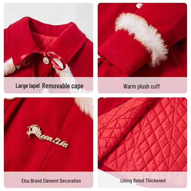 Disney Girls' Mid-Length Red Wool Blend Coat with Detachable Cape