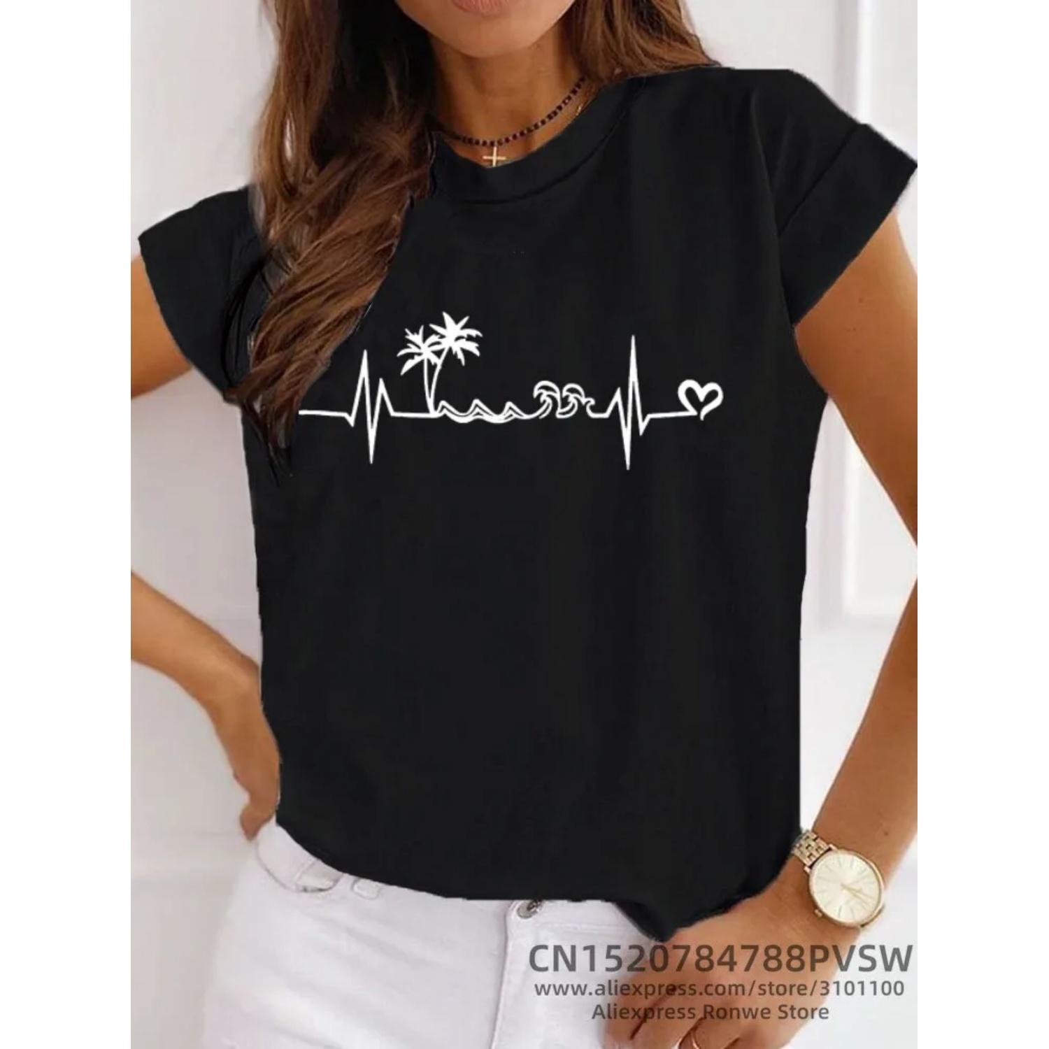 

Women s Beach Heartbeat Graphic T-shirt, Girl Y2K Harajuku, Black, Pink, Red, New Tee Tops, Female Funny Clothes, Gift S чёрный