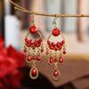 Ethnic Vintage Red Temperament Long Dangle Earrings for Women Flower Peacock and Water Drop Design Wedding Party Jewelry