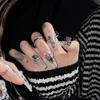 100% HANDMADE Long Coffin Shape Fake Nail set with glue Ink Butterfly Retro Style Long press on nails acrylic Reusable Fake Nails