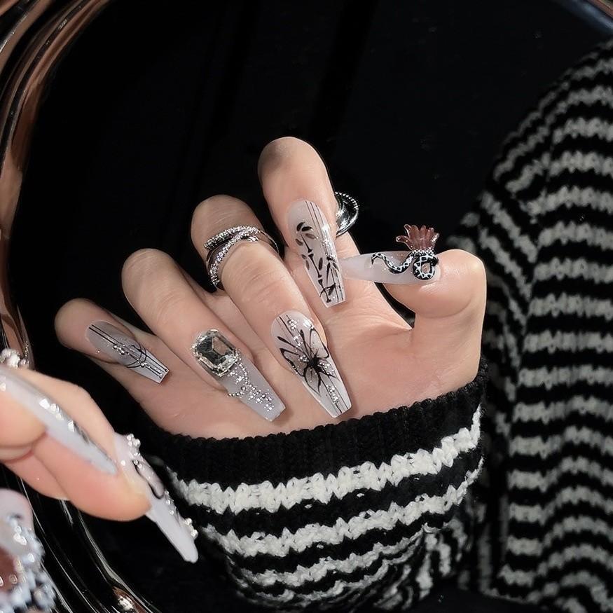 100% HANDMADE Long Coffin Shape Fake Nail set with glue Ink Butterfly Retro Style Long press on nails acrylic Reusable Fake Nails