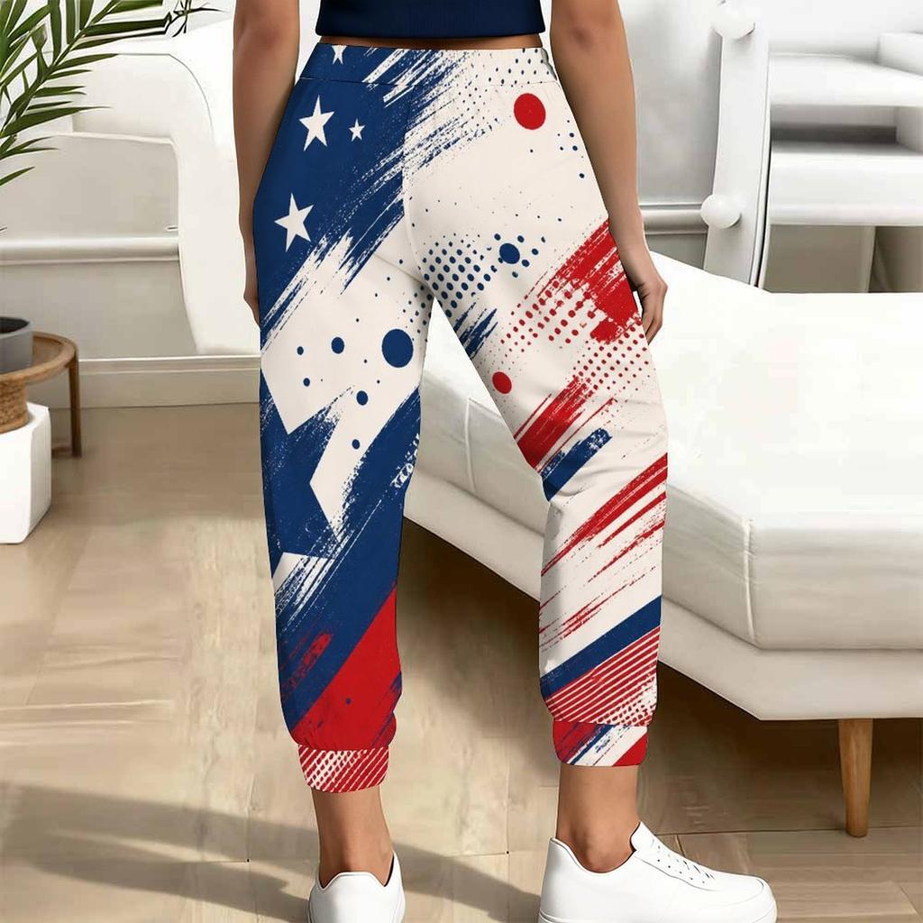 Women Plus Size Red Blue White Printed Drawstring Waist Jogger Pants Side Pockets Cuffed Ankle