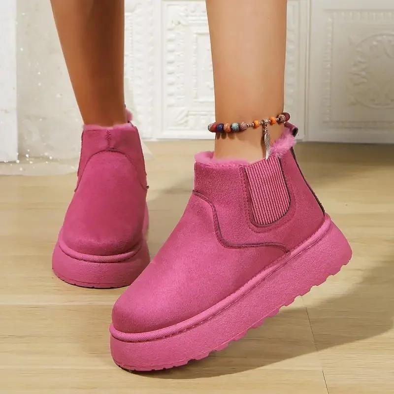 Fashion Hot Pink Thick Bottom Wedge Heel Warm Faux Fur Snow Boots Women Winter Short Plush Boots Woman Non Slip Cotton Chelsea Boots