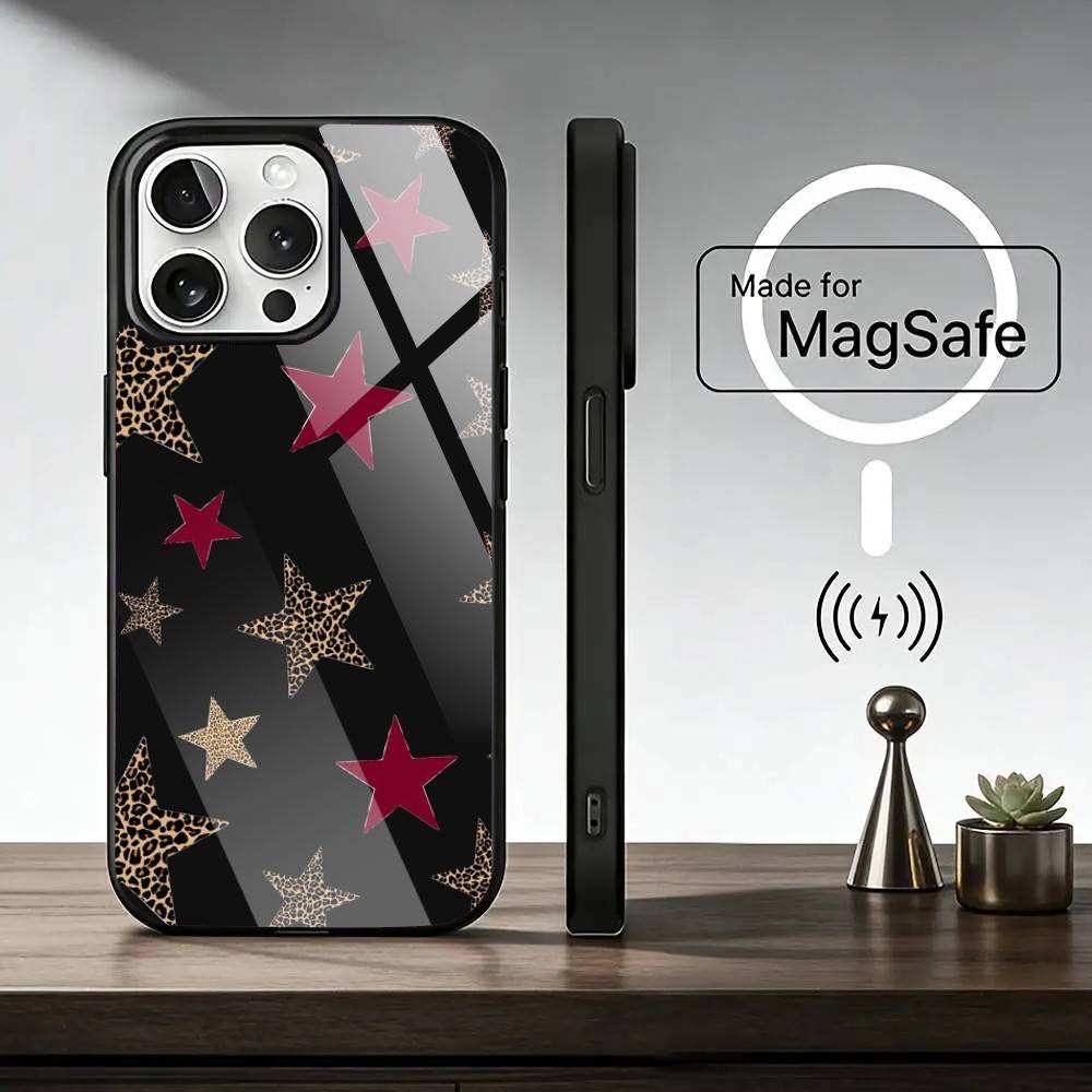 Leopard Print C-Cherry Star Phone Case For iPhone17,16,15,14,13,12,11 Plus,Pro Magnetic with Magsafe Wireless Charging iPhone17
