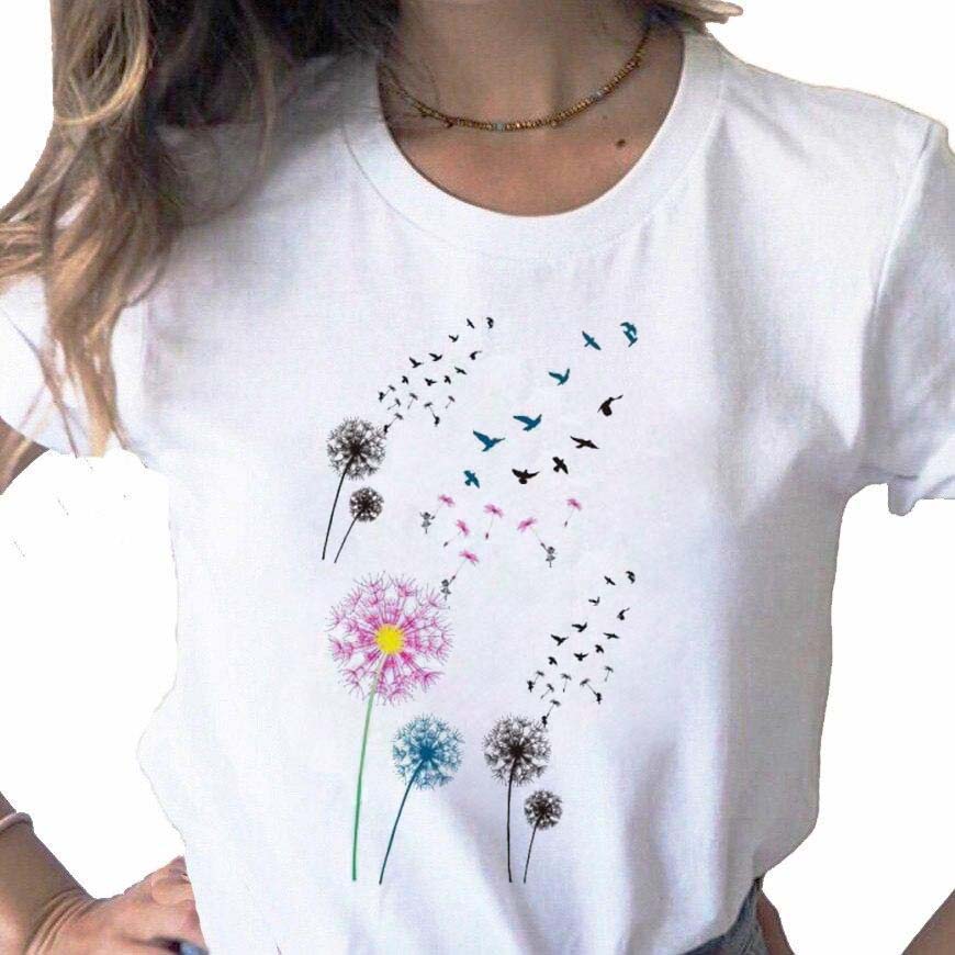 New Dandelion Printed Women T Shirt Cartoon Graphic Printed Black Ladies T-shirt Casual Woman Shirt Funny Tees Shirts