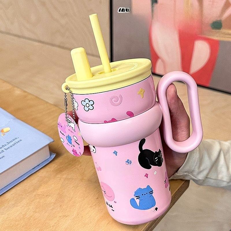 Isolierte Wasserflasche mit großem Fassungsvermögen, Griff und Strohhalm für Schule und Reise