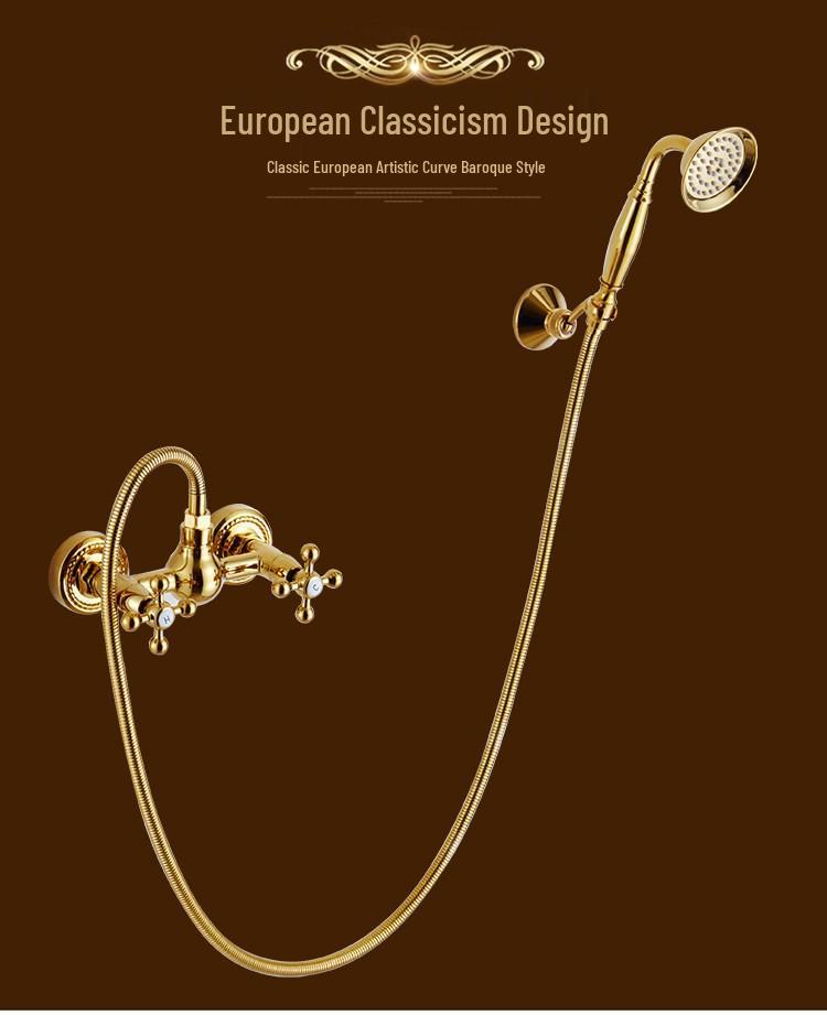 Gold-Plated Retro European Shower Set: Dual Handle Bathtub Faucet with Hot and Cold Mixer