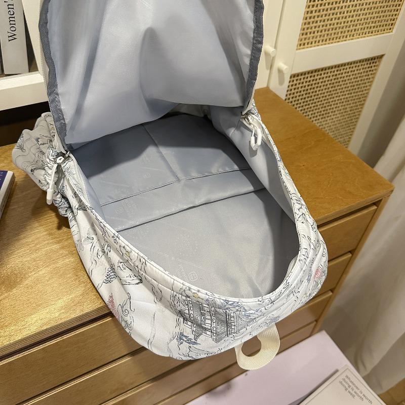 Zaino in Nylon Stampato Paesaggio Stile Cinese con Grande Capacità e Tasche Multiple Adatto per l'Uso Quotidiano e Studentesco Come Zaino Studentesco