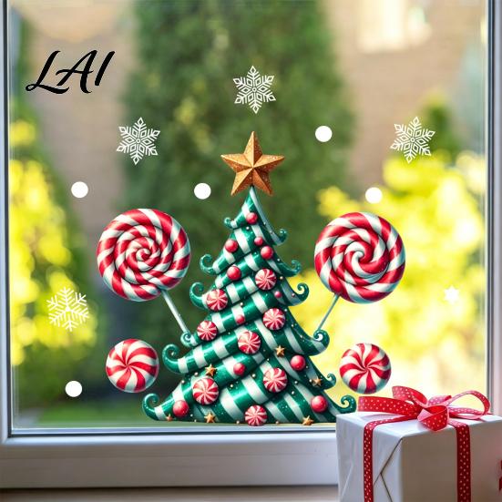 Christmas Tree Wall Decals Candy Window Static Sticker Waterproof PVC Removable Cane Holiday Stickers Glass Clings Decorative Decal for Store