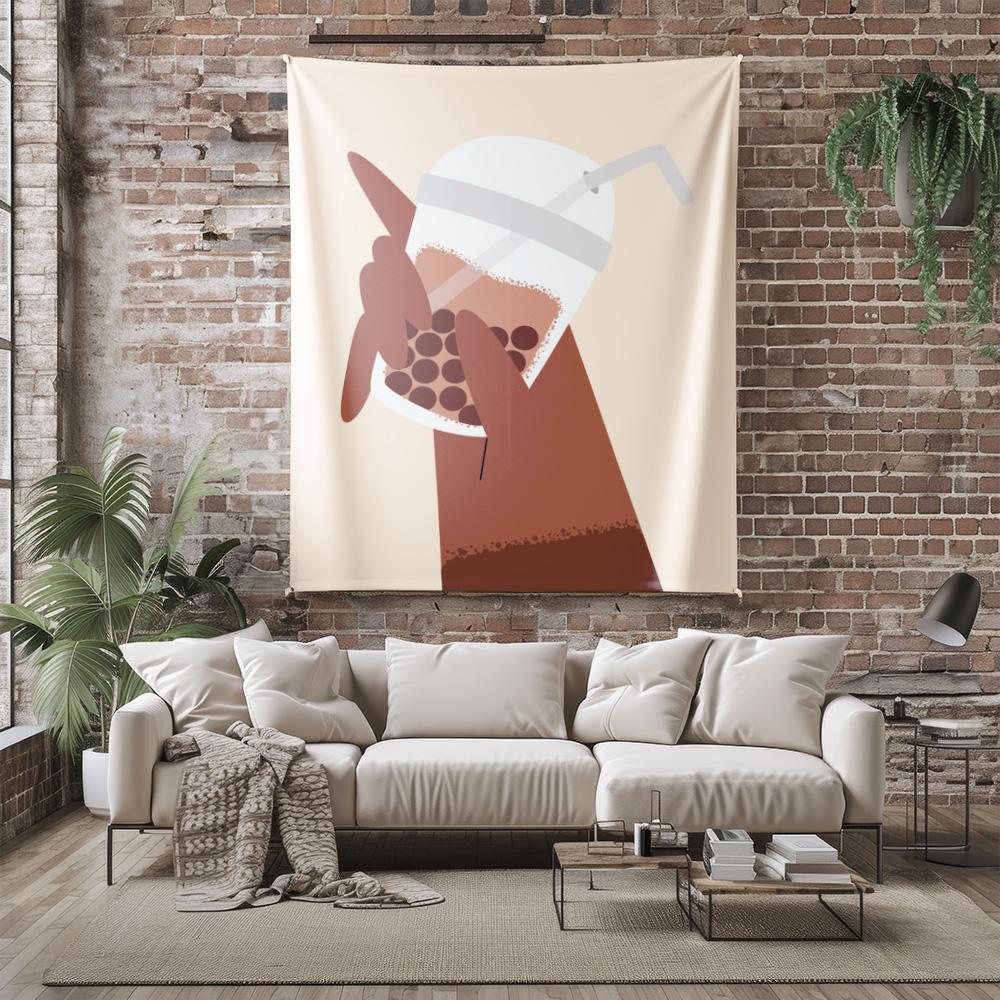 Hand Holding Bubble Tea Cup Wall Tapestry Machine Washable All Season Decor Print Modern Art Design Home Durable Materials