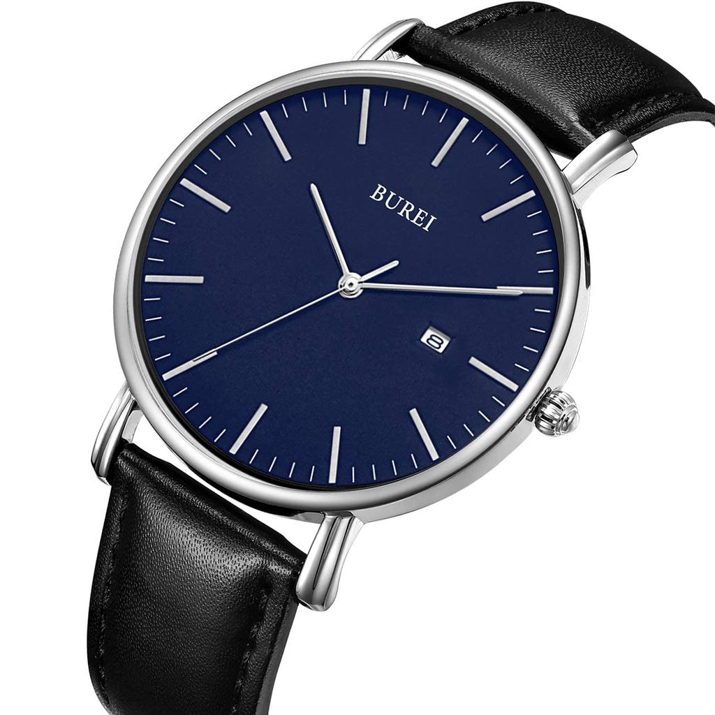 BUREI Men's Leather Waterproof Analog Business Wristwatch Slim Style Date Quartz White Black