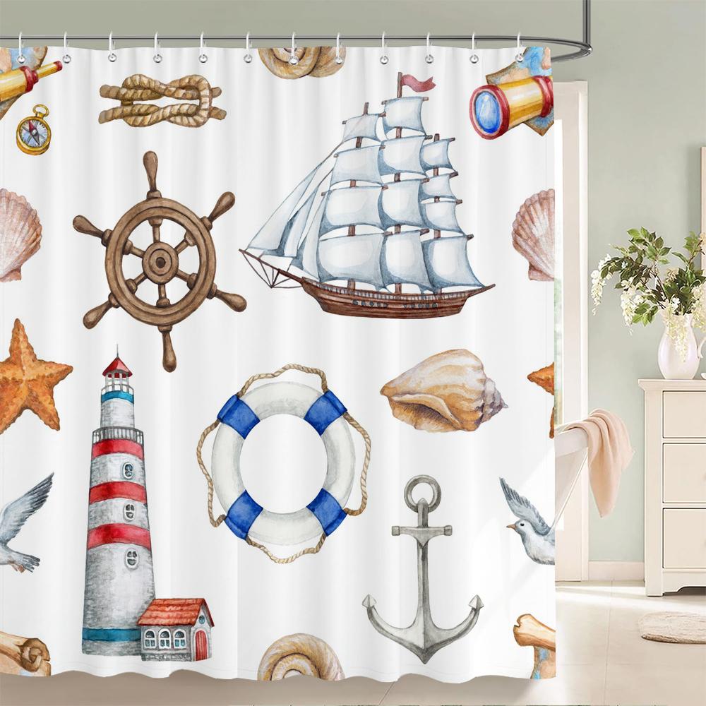 1 Pcs Cartoon Shower Curtain Cartoon Ocean Fish Style Printed Polyster Cloth Home Decoration Bathroom Curtain With Hooks