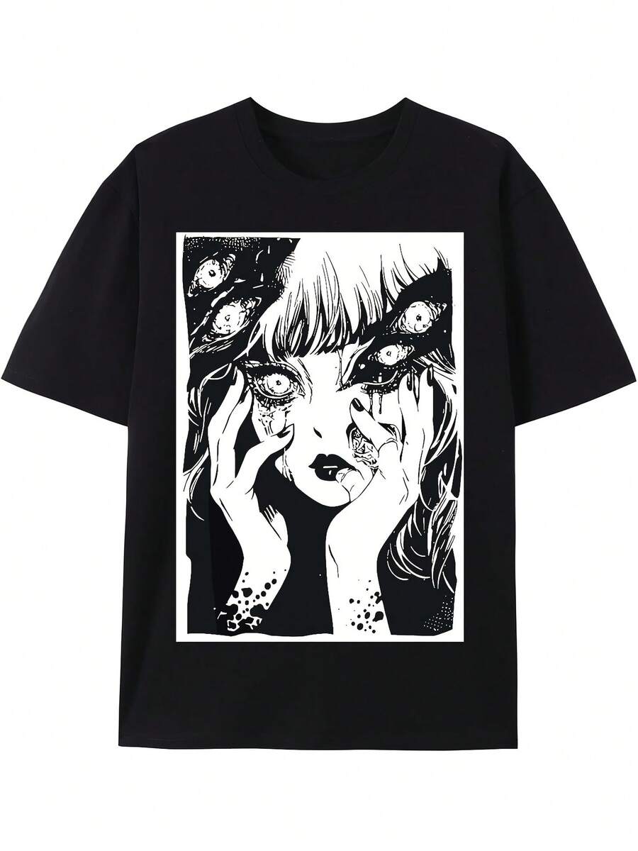 

Black Graphic TShirt In Harajuku Style With Japanese Horror Anime Size Small S