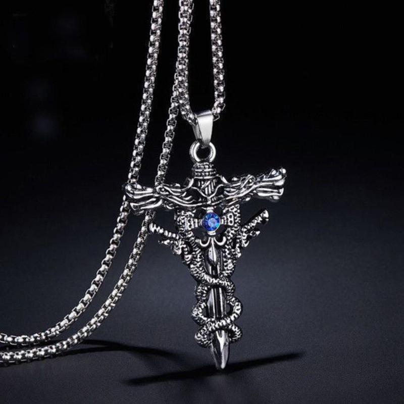 Punk Titanium Steel Necklace For Men Alloy Double Dragon Sword Pendant Choker Vintage Evil Eye Cross Jewelry Gift