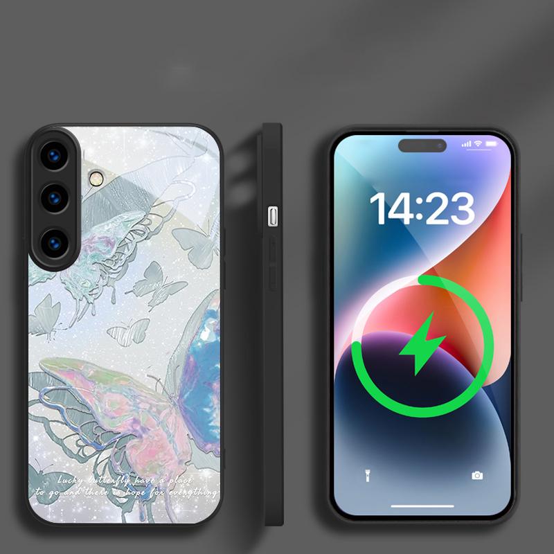 Lucky Butterfly Painting suitable for Samsung Galaxy S26 Ultra S20 FE S21 S22+ 23 Plus S24 Ultra 25 Edge black Glass Phone Casee