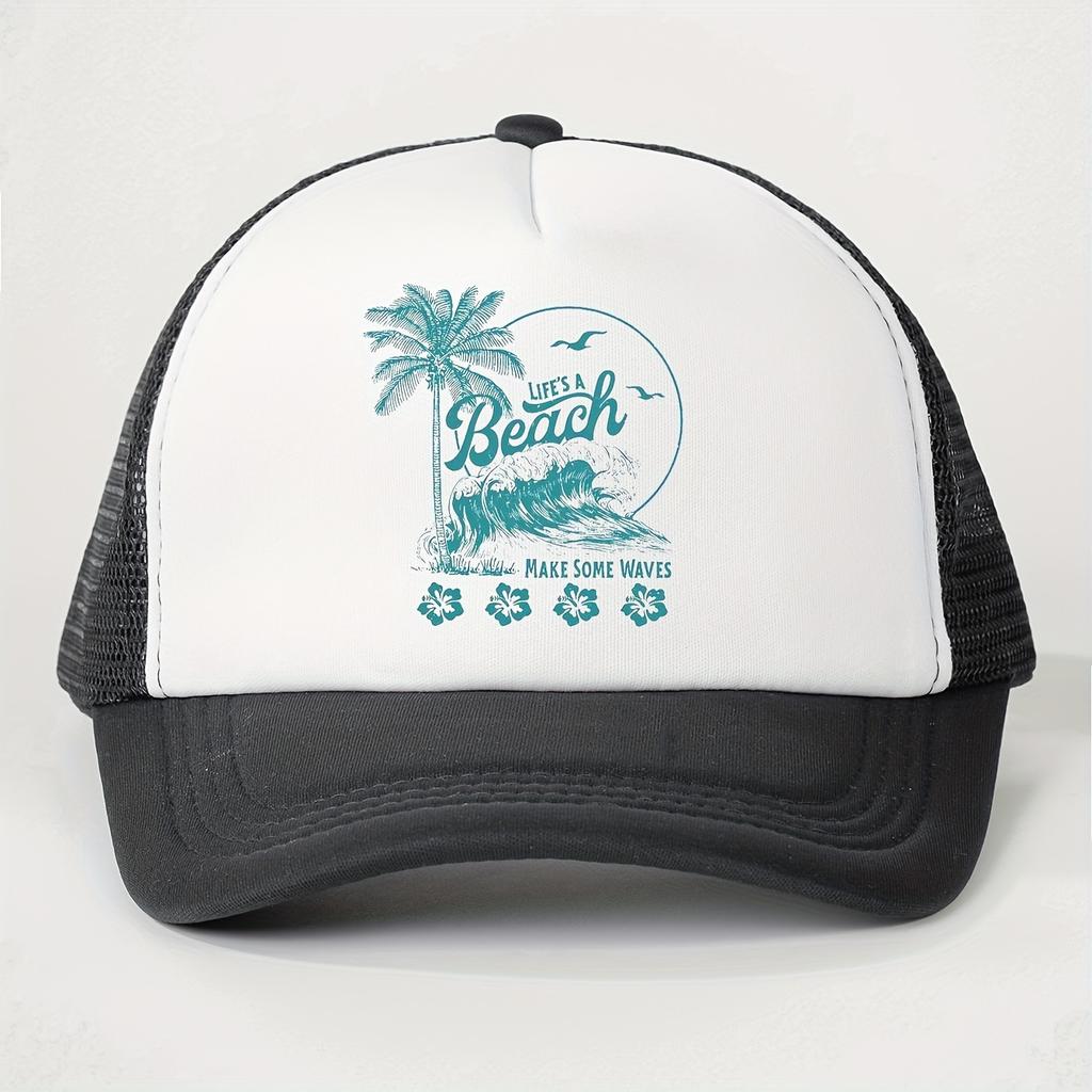 Lifes A Beach Palm Wave Print Trucker Hat Breathable Mesh Adjustable Casual Couple Summer Cap