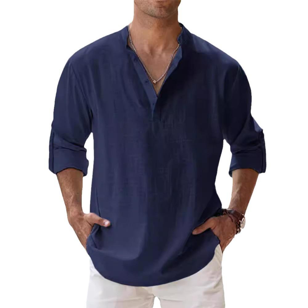 Men's Linen Stand Collar Long Sleeve T-shirt Loose Sweatshirt Solid Color Long Sleeve Cotton Linen Shirt Men