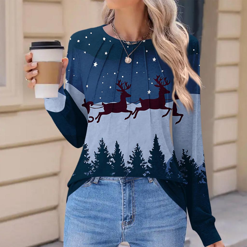 Women's Fashionable Casual Christmas Printed Pleated Comfortable Round Neck Loose Long Sleeve T-Shirt Top