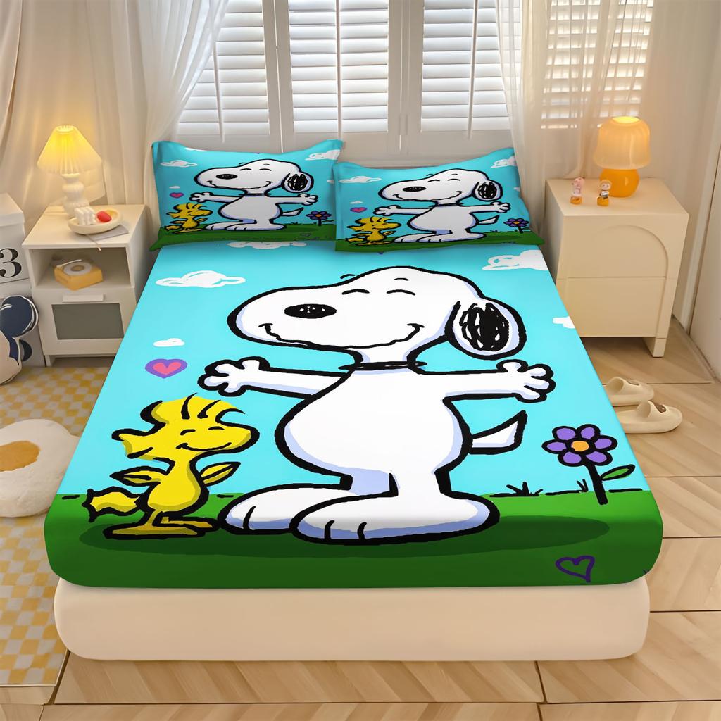Snoopy  With Pillowcase Fitted Sheet 3D Children'S Bedding Set  Polyester 2/3Pcs Comforte Bed Cover Full Set