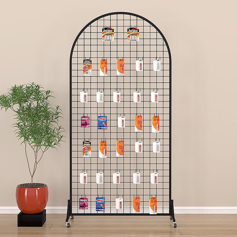 Mobiler Eisen-Gitter-Regal-Display-Ständer mit Haken