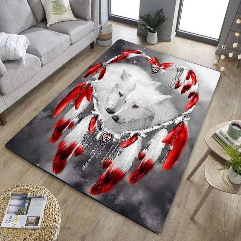 1 Stück Stilvoller Wolf Traumfänger Muster Anti-Rutsch Küchenteppich für Küche Wohnzimmer Schlafzimmer Waschbarer Flanell Teppich