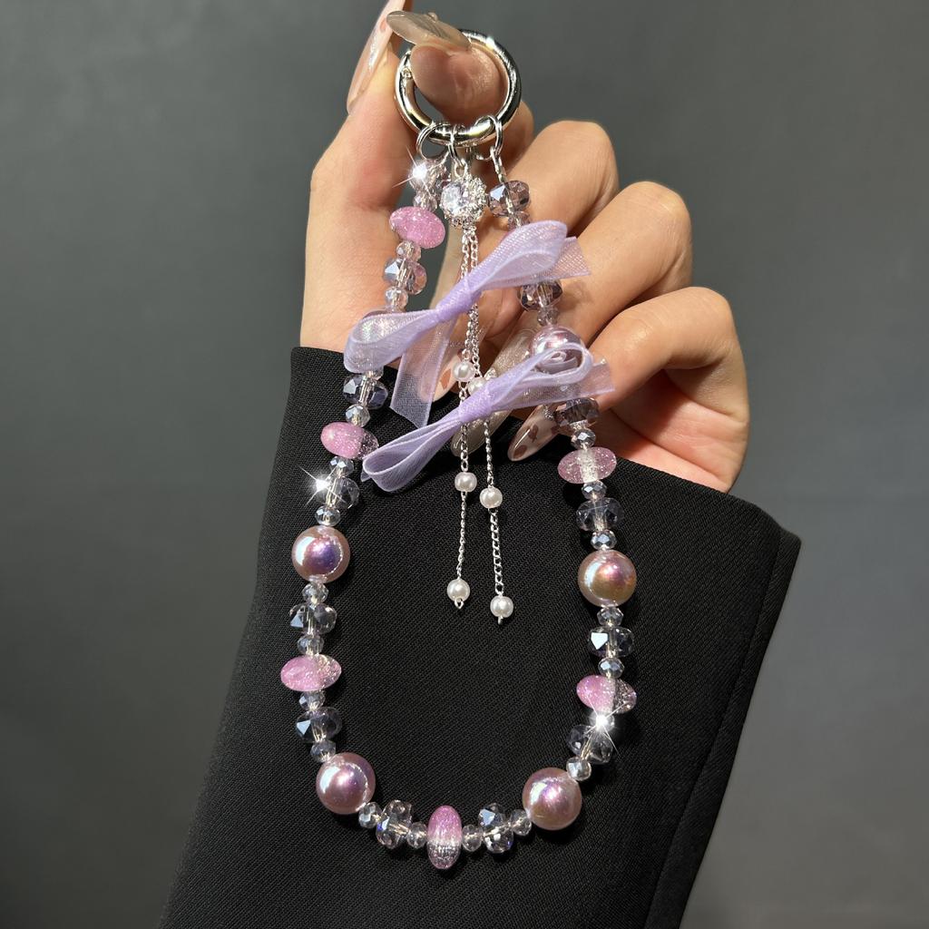 Fashion Bow Pearl Fringed Mobile Phone Lanyard, Light Luxury Crystal Beaded Short Wrist Phone Chain Hand Chain Pendant