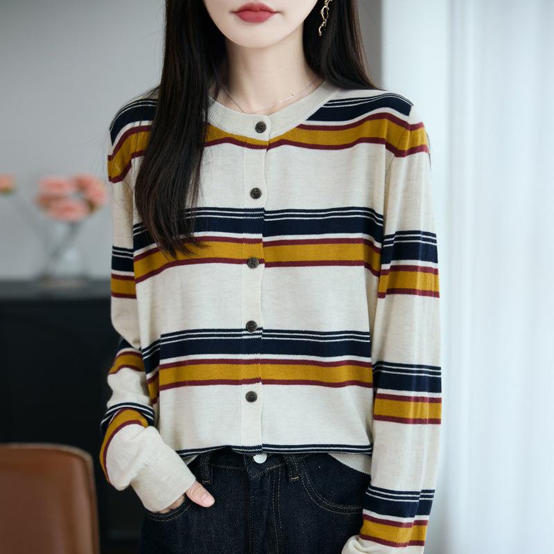 Autumn 2026 Women's Striped Wool Cardigan Sweater, Round Neck, Korean Style