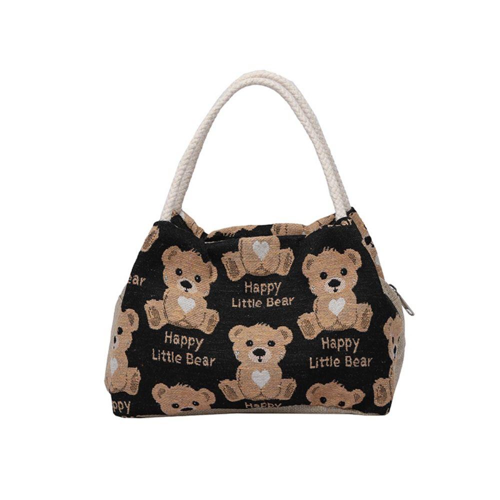 

Cartoon Pattern Flax Handheld Bag Large Capacity Lunch Bag Simple Cartoon Bear Bag Outdoor