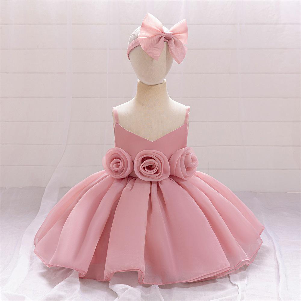 One-Year-Old Baby Princess Dress with 3D Floral Design for Special Events or Piano Performances