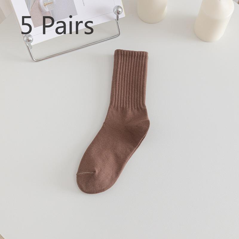 5 Pairs of Simple Solid Color Breathable Boneless Mid Calf Socks for Women In Spring and Summer