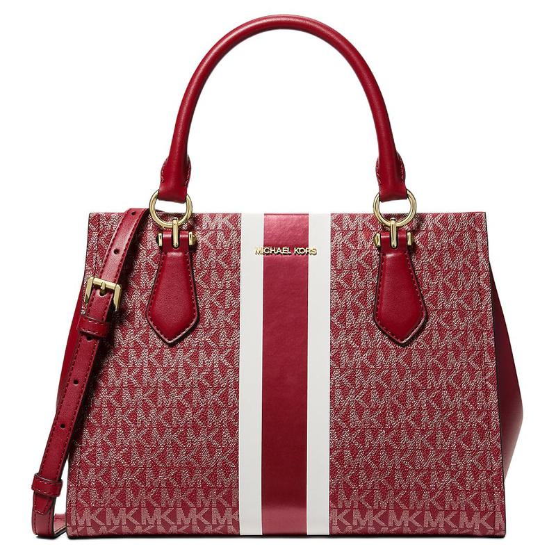MICHAEL KORS MARILYN signature stripe brand logo crossbody bag coated canvas shoulder tote medium women s cherry red красный