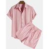 Men's Casual Striped Button Down Shirt Drawstring Shorts Outfit