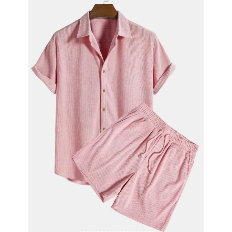 Men's Casual Striped Button Down Shirt Drawstring Shorts Outfit
