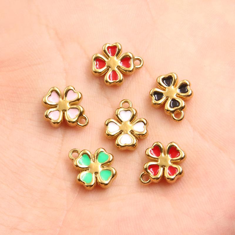 10x12mm Double-Sided Enamel Four-Leaf Clover Pendant, Stainless Steel, 5 Colors, DIY Jewelry Accessory