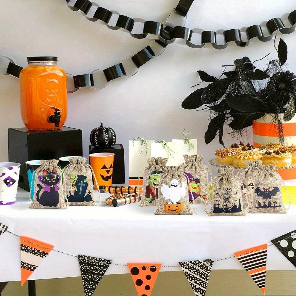 16pcs Halloween Party Drawstring Bags Packs Halloween Linen Burlap Bags with Drawstring 8 Spooky Designs for DIY Party Favors Small Gift Pouches