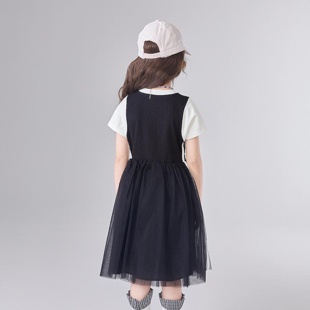 [Fake Two Piece Splicing Mesh Skirt] Girls' 25 Summer Mid to Large Children's Summer Dress Children's Color Contrasting Dress