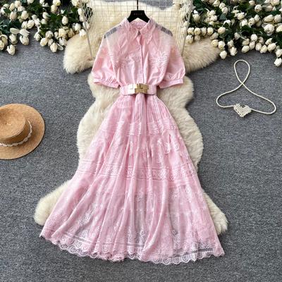 Vestidos Camisa de Encaje Bordado para Mujer Cuello Solapa Cintura Elástica Manga Corta Encaje Empalmado Elegante Vestido de Verano Femenino
