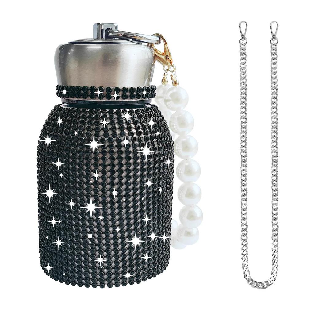 300ml Luxus Strass Edelstahl Isolierbecher Funkelnd Tragbar Perlenkette Wasserflasche Tragbar Reise Vakuumflaschen