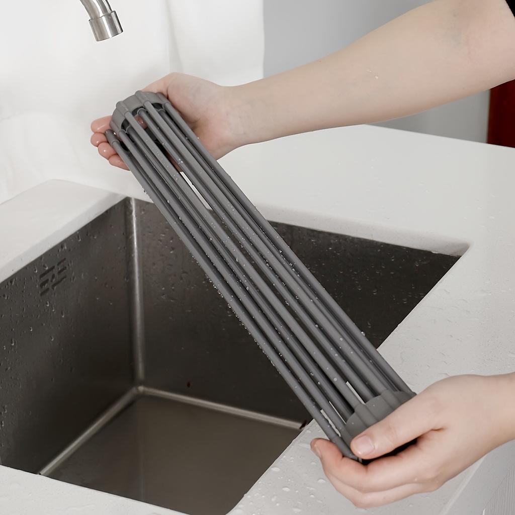Silicone Drain Rack, Foldable Kitchen Sink Draining Rack for Vegetables And Dishes, Large Roll-up Folding Draining Rack with Heat Insulation Pad
