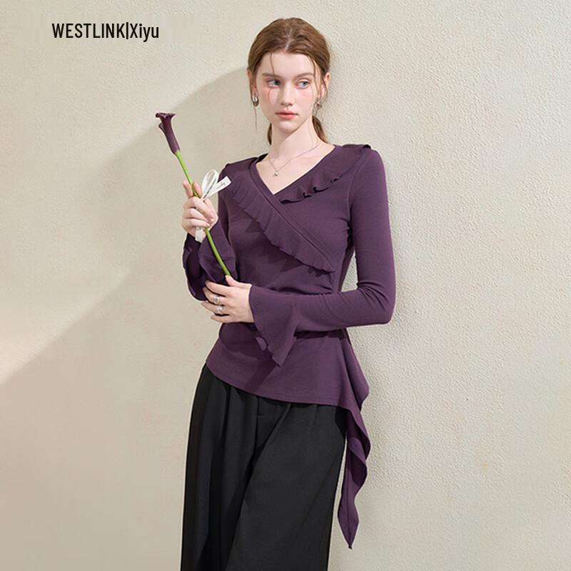 Westlink Ruffle V-Neck Long Sleeve Knit T-Shirt M